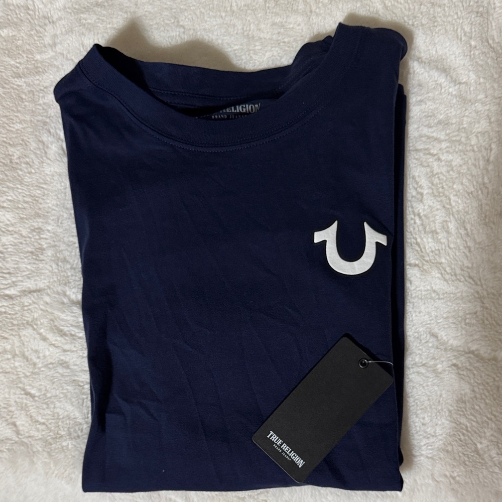 True Religion Men's Dark Blue Tee with White Logo
